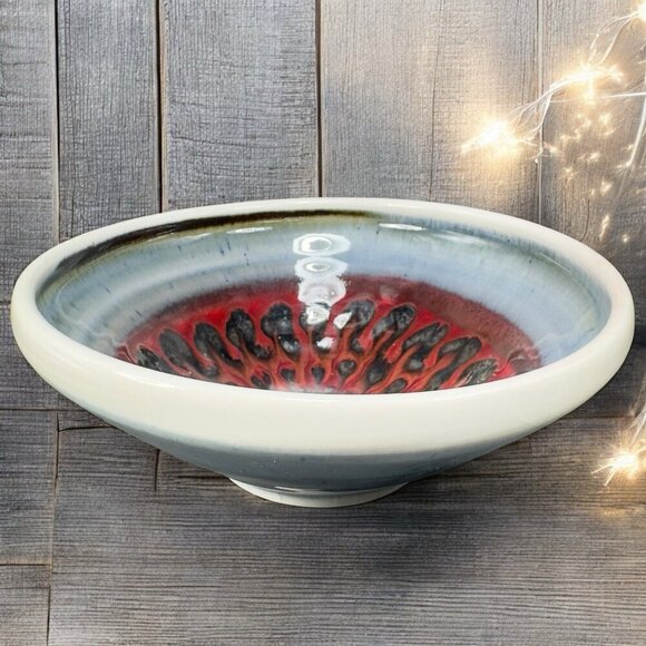 Studio Art Pottery Dish Bowl Centerpiece Deep Red Center Round Bowl Hand Made - Picture 1 of 13